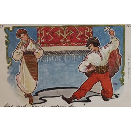 Pocztówka Typy swojskie VII stroje Huculskie ok. 1900 r.