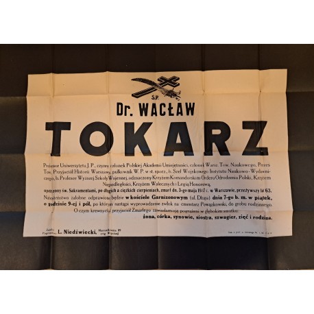 Klepsydra Dr Wacław Tokarz - Profesora, historyka, pułkownik piechoty W.P. zmarł 3 V 1937