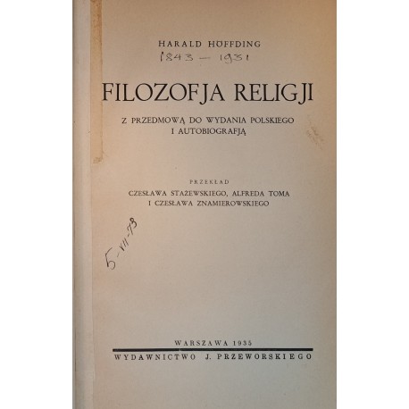 HOFFDING Harald - Filozofja Religji 1935